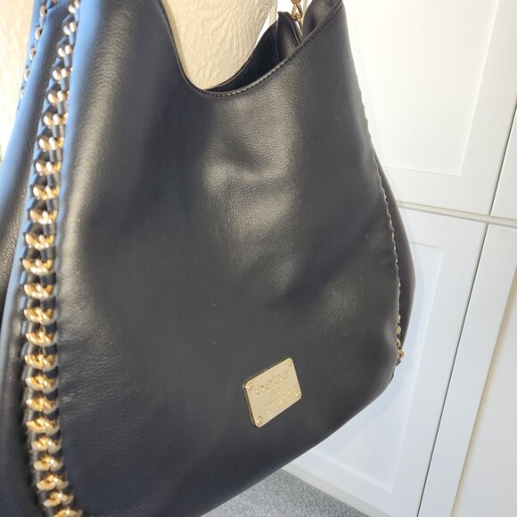Bebe Black Faux Leather Bag Purse Large Gold Chains Glam Edgy Maximalism Loud - Picture 5 of 16
